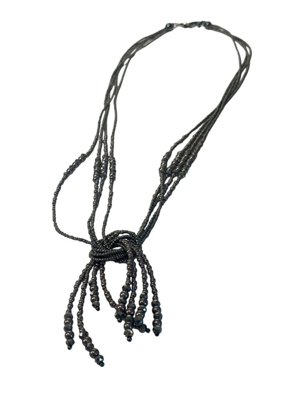 Necklace Silver Tone Beaded Multi-Strand Knot Dangling Strands Elegant Faceted